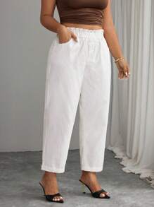 Elenzga Plus Size Casual Versatile Solid Color Tapered Jeans - White - View 3