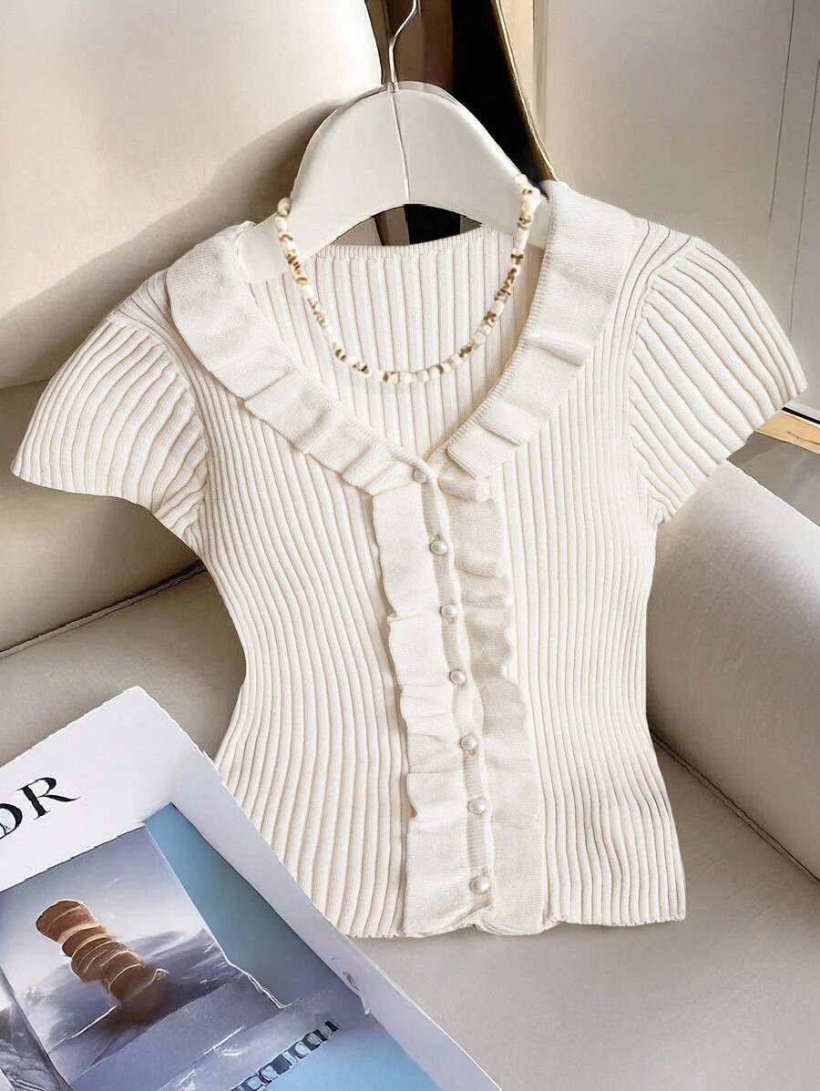 SHEIN Clasi Cardigan plus size elegante de cor sólida com babados e manga curta, verão - Branco - Ver 1