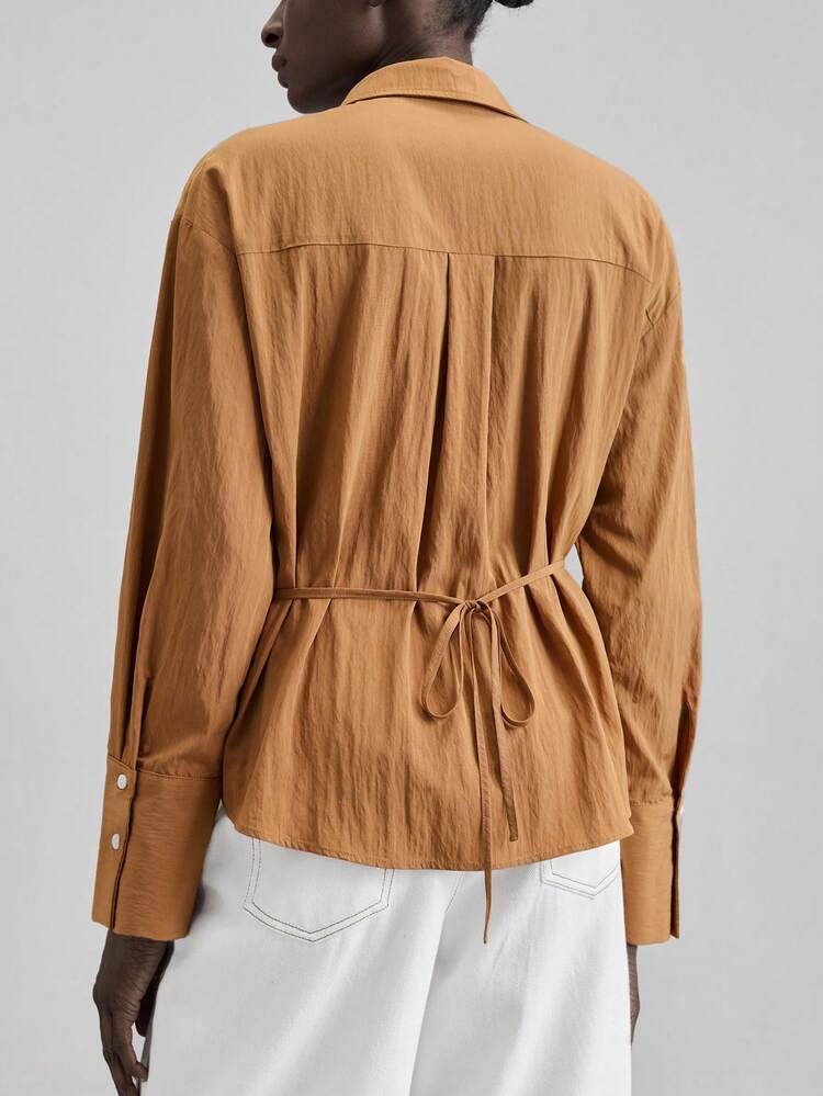 2025 Women's Shades Of Brown Shirt,Long Sleeve Lapel Collar Asymmetric Waist Tie,Autumn Office Smart Casual High-End Urban Minimalist Business Wear