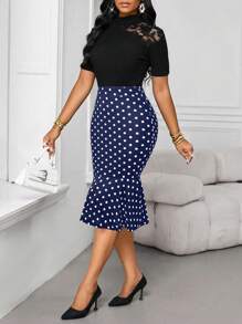 SHEIN Lady Falda de mujer con estampado de lunares negros, elegante para fiestas casuales de todos los días, uso en cuatro estaciones, falda de oficina - Azul Marino - Ver 4