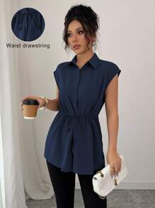 Elenzga Women's Casual Vacation Style Shirt Collar Button Down Cinched Waist A-Line Loose Blouse Top - Navy Blue - View 1