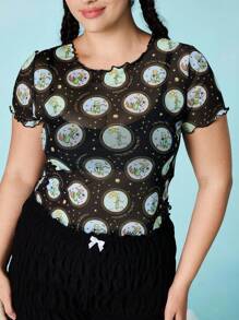 LE PETIT PRINCE X SHEIN 大码女式休闲街头时尚性感全身印花生菜边透视修身上衣，夏季 - 黑色 - 查看 1