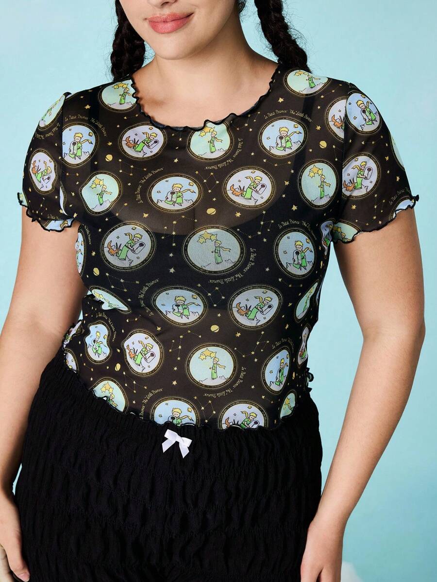 LE PETIT PRINCE X SHEIN 大码女式休闲街头时尚性感全身印花生菜边透视修身上衣，夏季 - 黑色 - 查看 1