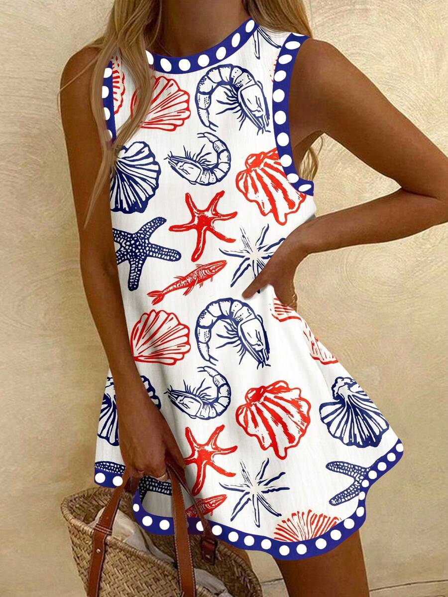 SHEIN EZwear 休闲简约海洋生物印花图案女式短裙，适合夏季 - 藍色 - 查看 1