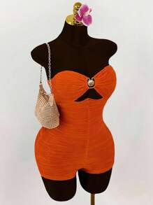 Amplova Plus Size Shell Metal Decor Breast Ruched Bodysuit Romper - Orange - View 1