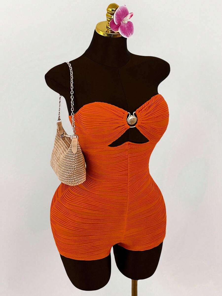 Amplova Plus Size Shell Metal Decor Breast Ruched Bodysuit Romper - Orange - View 1