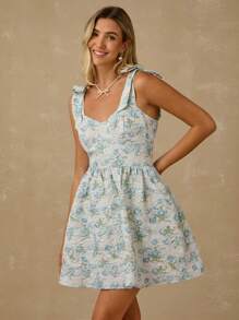 Enchnt Vestido mini de princesa romántico con estampado de flores jacquard en azul pastel, cuello de corazón y lazo en los hombros, dulce y elegante para vacaciones, citas, fiestas, graduación, invitada de boda y playa. Vestidos de verano elegantes para mujeres. - Multicolor - Ver 1