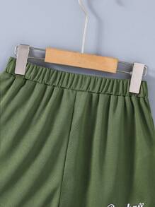 SHEIN Explorewe 2件套青少年男孩夏季休闲拼色条纹字母印花T恤和短裤套装 - 軍綠色 - 查看 3