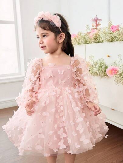 SHEIN Baby Girl 3D Bow Woven Princess Sleeve Dress, Suitable For Gatherings, Parties, Outings And Other Occasions Fall Winter