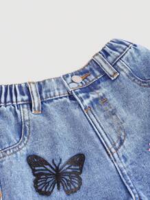 SHEIN Baby Girl Y2K Floral Smiling Face Print Loose Blue Ripped Jeans,Fall Kid's Casual And Comfortable Wear,Back To School Clothes,2000s Style,Y2k Clothes - Light Wash - View 4
