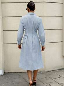 Siren Gaze 女士秋季连衣裙 返校教师装 女士商务休闲飘逸纽扣连衣裙 女士条纹长袖单排扣休闲百褶衬衫裙 - 藍色 - 查看 4