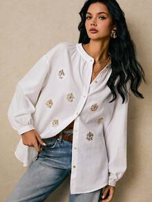 Poéselle Blouse en coton brodée d'œil du mal de style boho - Chemise à manches ballons à boutons blancs, Top boho brodé, Blouse blanche pour femmes, Chemise à manches ballons, Broderie motif œil, Blouse cottagecore, Festival femmes, Chemise mode à manches longues à paillettes motif œil pour femmes, Costumes d'Halloween, Automne femmes - Blanc - Voir 2