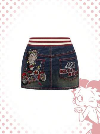 Betty Boop | ROMWE Y2K Biker Chic Cartoon Character Embroidery Sweet & Cool Leopard Print Ribbed Waistband Denim Mini Skirt