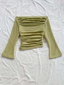 Soleia Áo thun nữ tay loe trễ vai màu trơn thời trang xếp nếp - Nhiều màu - Xem 2