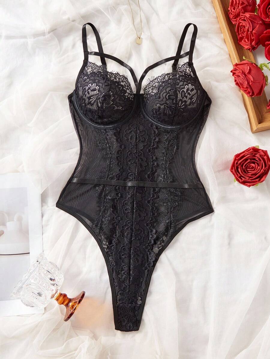 SHEIN Bộ đồ liền thân ren gợi cảm có gọng lãng mạn, Rave - màu đen - Xem 1