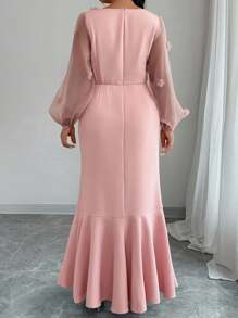 Elenzga Plus Size Solid Color Mesh Patchwork Square Neck Elegant Long Sleeve Dress Fall Cloth For Women