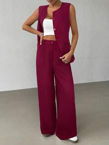 SHEIN EZwear 女士休闲勃艮第亚麻西装背心和阔腿裤套装 - 酒紅色 - 查看 5