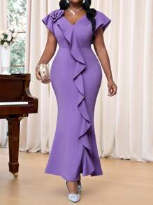 Fleurora 2025新款服装春夏秋冬针织V领紫色立体花形荷叶袖收腰长款鱼尾连衣裙大码连衣裙结婚宾客礼服女 - 紫色 - 查看 6