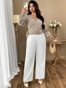 Auvina 1 件女士加大码优雅系带长袖针织开衫，适合秋冬季 - 卡其色 - 查看 4