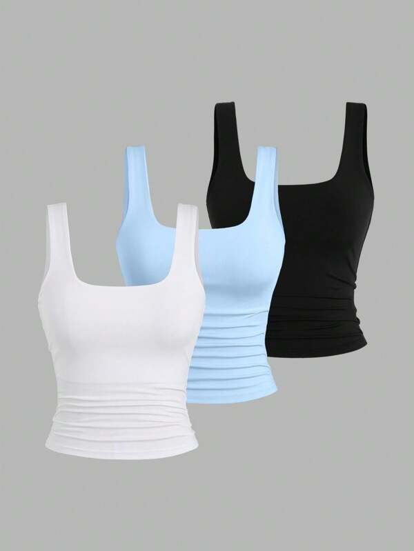 Sweetra 3pcs Women's Summer Casual Basic Solid Color Square Neck Pleated Fitted Tank Tops