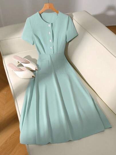 Franclia 女士纯色简约短袖休闲连衣裙夏季大学校园服装