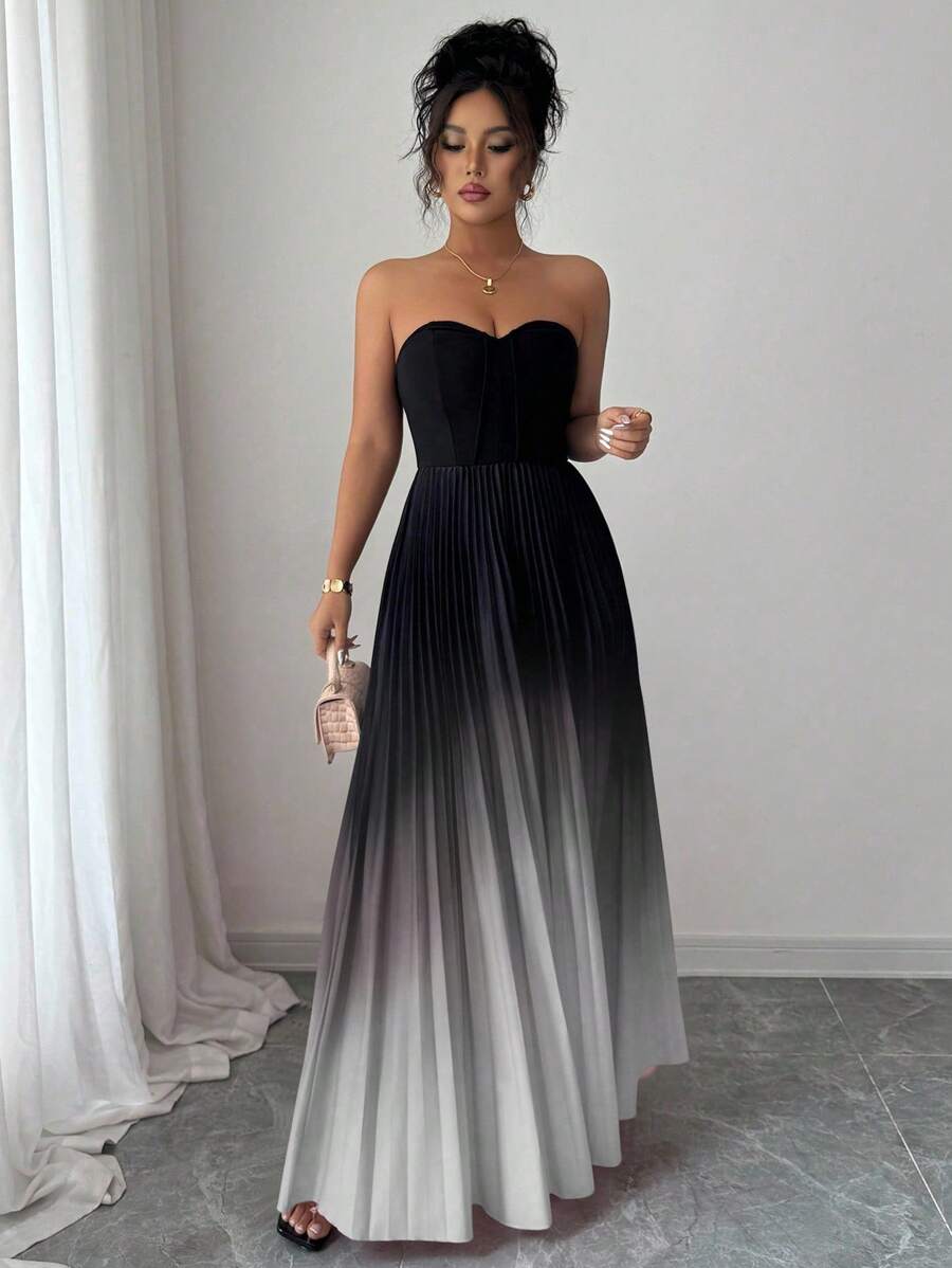 Elenzga Váy suông chữ A nhún eo thanh lịch lãng mạn màu gradient không dây cho nữ - Nhiều màu - Xem 1