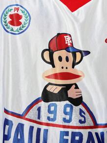 ROMWE MEN Paul Frank X ROMWE 男士卡通条纹撞色V领T恤，秋季长袖上衣 - 白色 - 查看 2