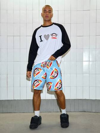 Paul Frank X ROMWE Pantalones cortos sueltos para hombre de verano, estilo casual de calle, con cordón en la cintura, bolsillos en diagonal y estampado de arcoíris y dibujos animados