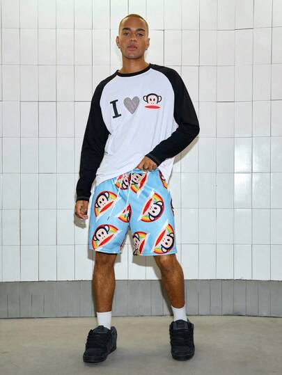 Paul Frank X ROMWE Men's Summer Casual Street Rainbow & Cartoon Pattern Drawstring Waist Slant Pocket Loose Shorts