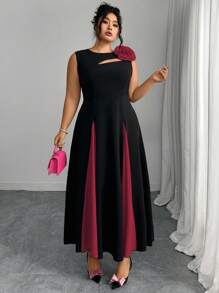 Modelyn Váy chữ A cổ tròn màu đen họa tiết hoa 3D màu hồng cỡ lớn - Nhiều màu - Xem 6