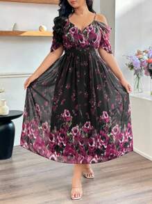 Modelyn Plus Size Women's Floral Print Chiffon Off-Shoulder Belted Maxi Dress - Black - View 1