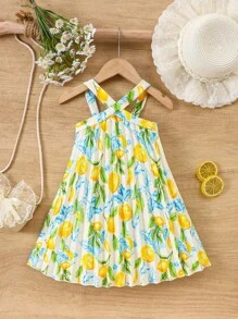 年轻女孩日常休闲热带花卉印花无袖连衣裙，春夏新品 - 黃色 - 查看 8