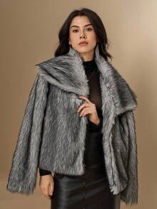 DAZY 女士复古蓬松外套，时尚秋冬夹克仿皮草大衣 - 白色 - 查看 5