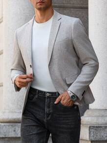 Manfinity Bizformal 男士休闲纯色西装外套男士休闲西装外套男士运动外套男士休闲西装运动西装浅灰色西装外套，老钱风格 - 杏色 - 查看 4