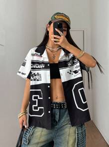 StreetHx 女式夏季数码印花单排扣运动短袖衬衫 - 白色 - 查看 5