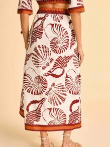 CAJUNI Women's White Summer Boho Vacation Holiday Red-Brown & Orange Shell & Snail Ocean Print Straight Skirt,Asymmetrical Hem,Beach Date Party Beachwear - Multicolor - View 2