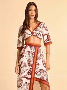 CAJUNI Women's White Summer Boho Vacation Holiday Red-Brown & Orange Shell & Snail Ocean Print Straight Skirt,Asymmetrical Hem,Beach Date Party Beachwear - Multicolor - View 4
