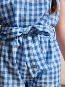 SHEIN 2pcs Young Girl Plaid Print Ruffle Hem Short Sleeve Top And Tie Front Long Pants Set - Multicolor - View 5