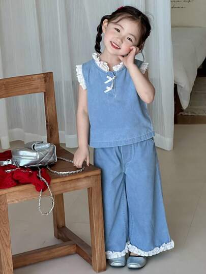 Dazy Kids 2pcs Young Girls Lace Patchwork Sleeveless Top And Wide Leg Jeans Pants Set