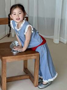 Dazy Kids 2pcs Young Girls Lace Patchwork Sleeveless Top And Wide Leg Jeans Pants Set - Light Wash - View 5