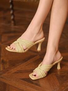 Rosivie Sandale cu toc înalt galben țesute, culoare bej, pentru femei, la modă