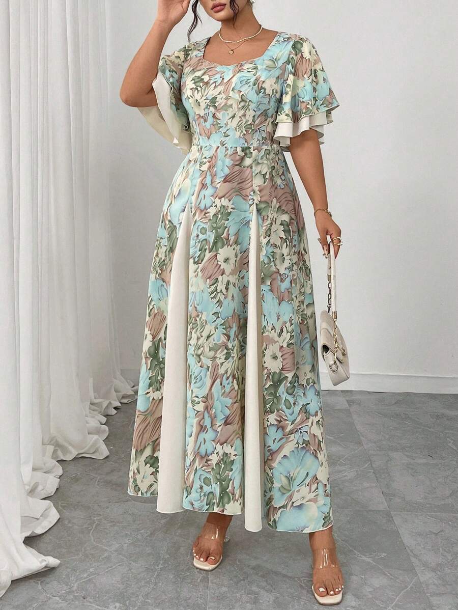 Modelyn Váy chữ A hai lớp tay lửng họa tiết tie-dye màu xanh lam cỡ lớn cổ vuông chắp vá màu mơ - Nhiều màu - Xem 1