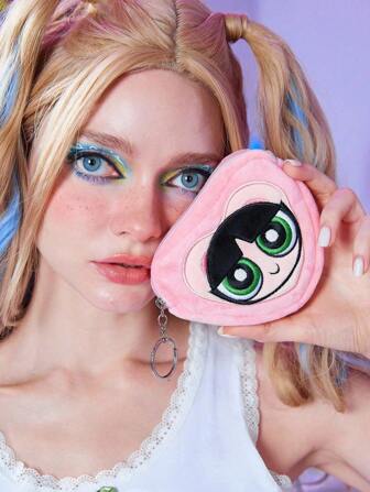 The Powerpuff Girls | ROMWE Porte-monnaie rose brodé de boutons d'or et de cœurs