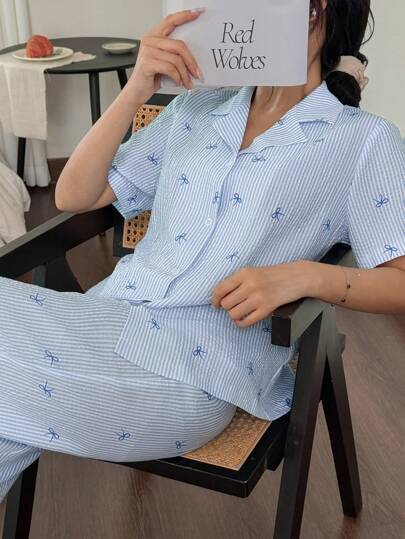 SHEIN 可爱条纹蝴蝶结印花梭织领短袖睡衣套装蝴蝶结夏季睡衣套装女士睡衣短袖睡衣纽扣睡衣女士睡衣