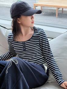 Dazy Kids 女童条纹圆领长袖T恤