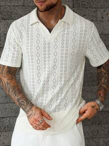 Manfinity Homme Men's Fashion Casual Hollow Out Short Sleeve POLO Shirt, Summer Men Crochet Shirt Crochet Men Shirt - Beige - View 5