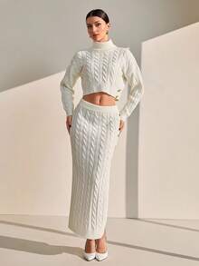 EURMUSE Set de femei cu pulover și fustă, tricotate în culori solide, cu guler înalt, cu detalii și nasturi