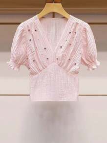Franclia Pink Ruched Rhinestone Embellished V-Neck Puff Sleeve Cinched Waist Blouse Clothes For University - Pink - View 1