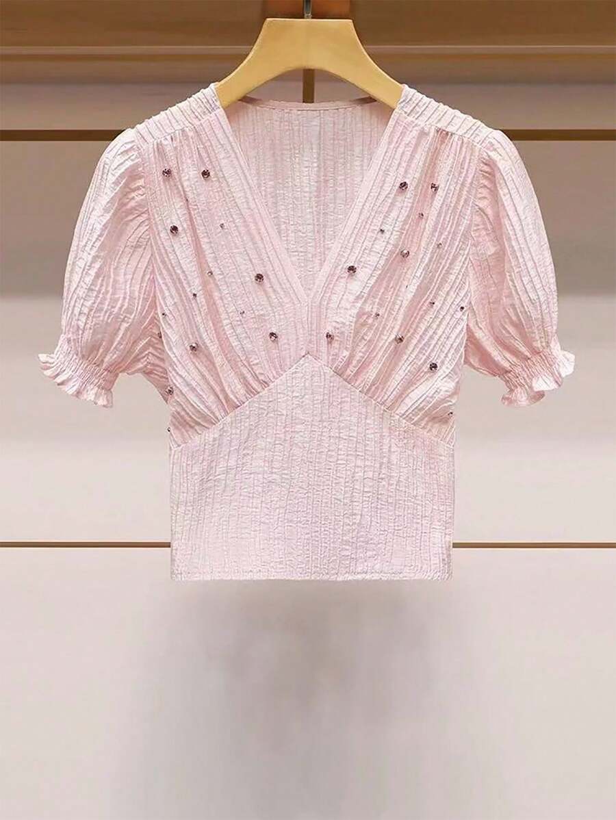 Franclia Pink Ruched Rhinestone Embellished V-Neck Puff Sleeve Cinched Waist Blouse Clothes For University - Pink - View 1