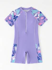 青少年女孩度假休闲印花拉链连体泳衣 - 紫色 - 查看 4
